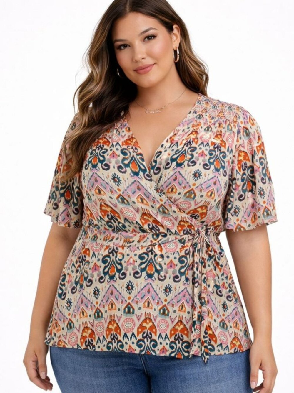 Torrid Womens Rayon Crepe Smocked Surplice Top Ikat Multicolor Plus Size 2 | 2X